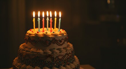 Decorated birthday cake with candles