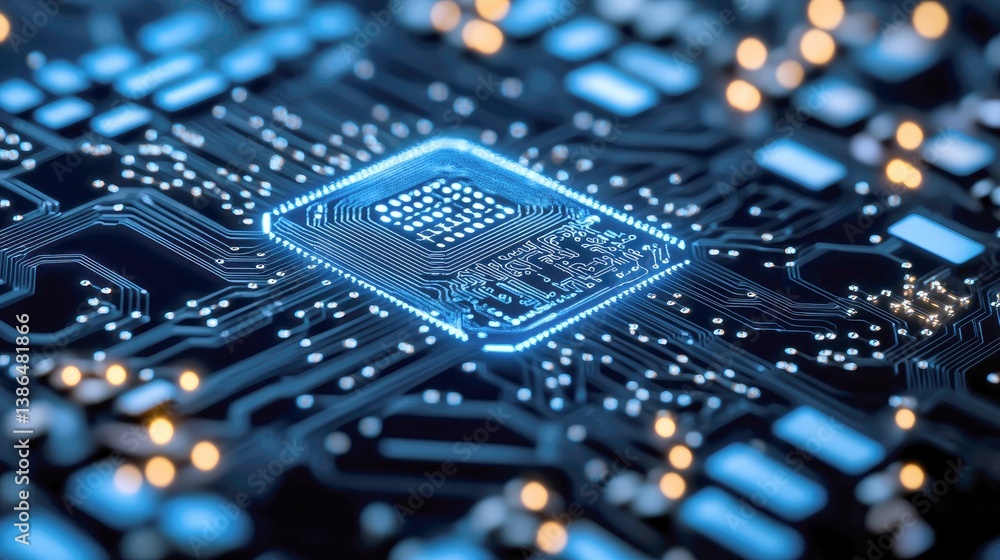 Poster close-up of a glowing microchip on a circuit board, showcasing intricate technological details and t