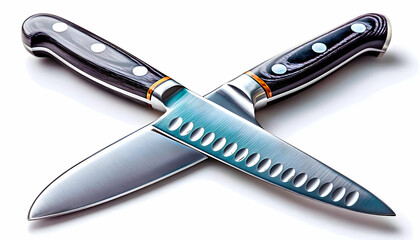 Two crossed chef's knives, stainless steel blades with dark handles, isolated on white