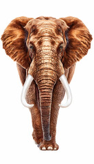 Majestic African elephant facing forward, large tusks, isolated on white