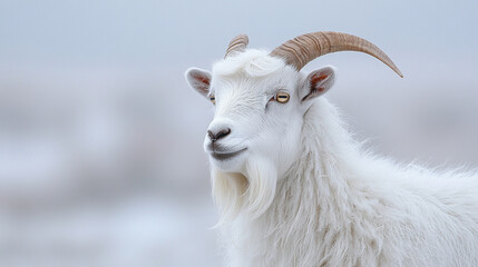 Fototapeta premium Angora goat with long white fur and curved horns stands facing forward against a clean modern background, symbolizing purity, resilience, natural luxury, and ancient strength in a contemporary world. 