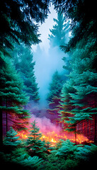 Obraz premium Eerie forest fire scene at twilight, vibrant colors