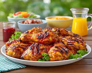 Grilled chicken pieces on a platter with various side dishes and drinks outdoors