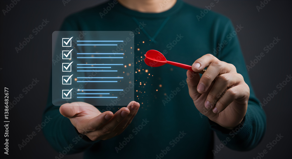 Poster man holding a dart and transparent checklist with marks over hand in dark background