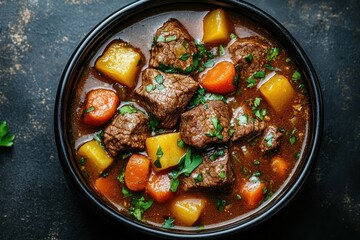 Hearty Beef Stew With Root Vegetables And Fresh Herbs In A Rustic Bowl On Dark Wooden Surface, Autumn Comfort Food For Paleo Diet Lovers