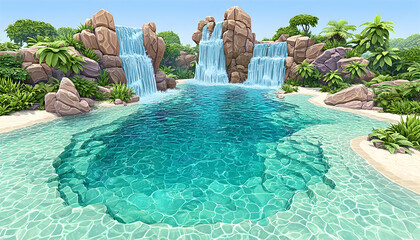Serene tropical oasis with cascading waterfalls into a tranquil pool