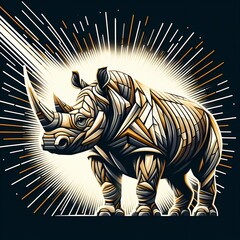 Geometric digital artwork of a rhinoceros with gold, white, and black mosaic-style patterns on a black background