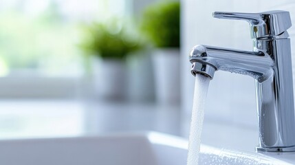 A modern chrome faucet pouring clear water into a sleek sink, minimalist bathroom setting with soft natural light, and clean and fresh concept.