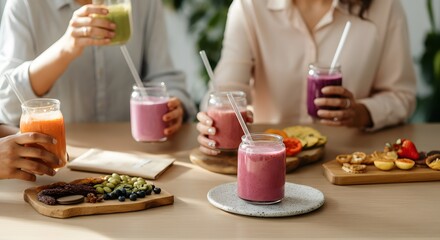work meeting group in a relaxed moment, socializing with snacks and fruit smoothies under a wooden table