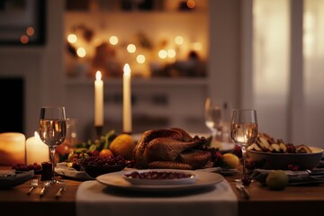 A festive holiday table with roasted turkey and seasonal sides in a warmly lit dining room. Featuring celebration and abundance