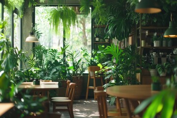 Fototapeta premium A Cozy Cafe With Lush Indoor Plants Inviting Patrons for a Relaxing Experience