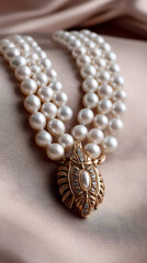 p: a studio shot of a multi-strand pearl necklace with a vintage-inspired art deco clasp