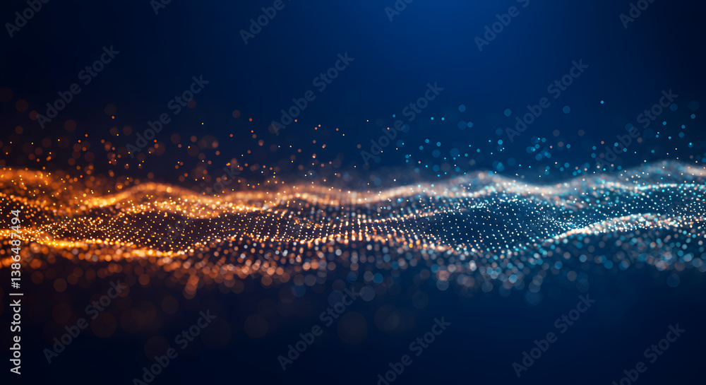 Aufkleber dynamic wave of orange and blue particles on dark background abstract visualization