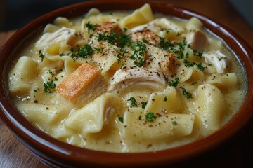 Hearty Chicken Noodle Soup in Rustic Bowl with Fresh Herbs on Wooden Table, A Comforting Meal for All Seasons, Embracing Wholesome Nutrition and Family Comfort