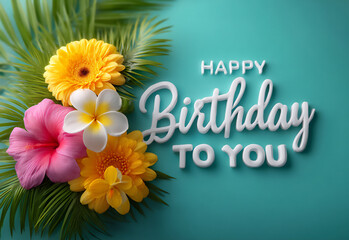 p: a tropical birthday greeting with happy birthday to you in a playful, script font