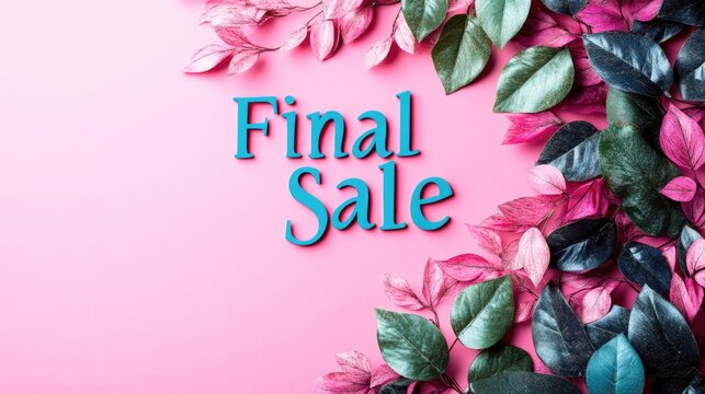 Final sale text, green leaf frame, pink background, tropical design, promotion banner. Use for retail, eco-friendly, nature-themed websites & social media, event announcements.