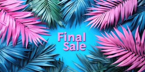 Final sale text, palm leaf frame, blue background, tropical vibe, promotion banner. Use for retail, summer, travel, fashion, beach websites & social media, event announcements.