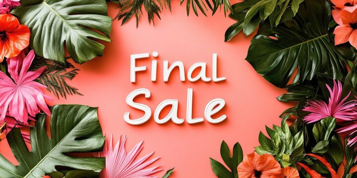 Final sale text, green leaf frame, pink background, tropical design, promotion banner. Use for retail, eco-friendly, nature-themed websites & social media, event announcements.