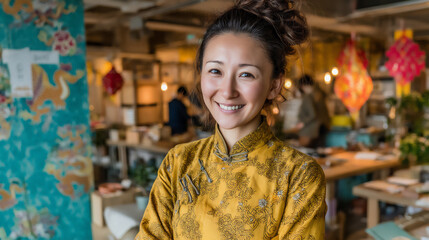 Obraz premium p: a wide shot of a chinese woman with a warm smile, wearing a traditional qipao