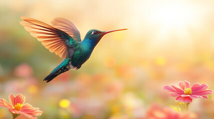 Fototapeta premium A vibrant, modern interpretation of a colorful hummingbird in flight, symbolizing freedom, energy, and transformation. Its vivid feathers represent beauty and the fleeting nature of life.