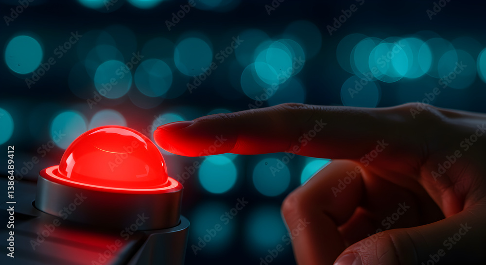 Aufkleber closeup of finger pressing red button with bokeh lights in background