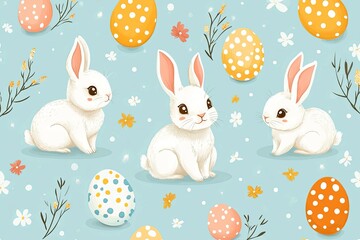 Cartoon Bunnies and Easter Eggs Adorn a Light Blue Background