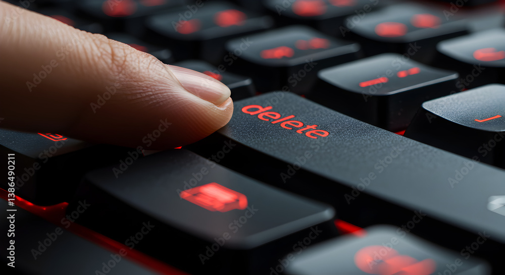 Poster close up of a finger pressing delete key on a black keyboard with red backlight