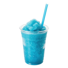 Icy blue slushy in a to-go cup with a blue straw.