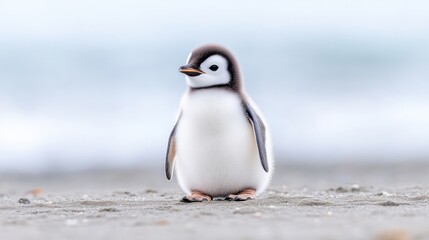 Fototapeta premium A fluffy penguin chick stands on a sandy beach. The image features a soft, blurred background of ocean and sky. Its a high-quality photo with natural lighting. The style is simple and charming, with