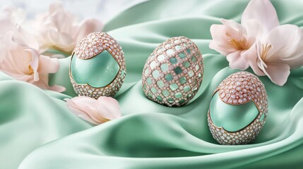 Naklejka premium Exquisite Mint Green Diamond Eggs: A Celebration of Easter Luxury