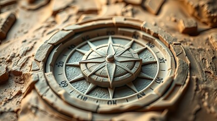 Obraz premium Close view of a detailed compass design carved into a stone like surface emphasizing the artistry and precision involved in its creation