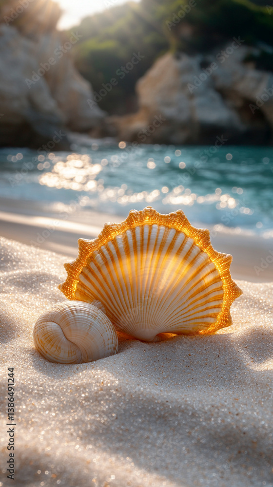 Poster cute sea shell clam isolated on a bright plain background with soft blur and empty space, symbolizin