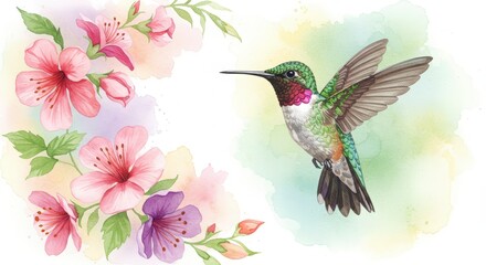 Obraz premium Hummingbird Hovering Flowers Watercolor Painting Spring Blossom Delicate Artwork