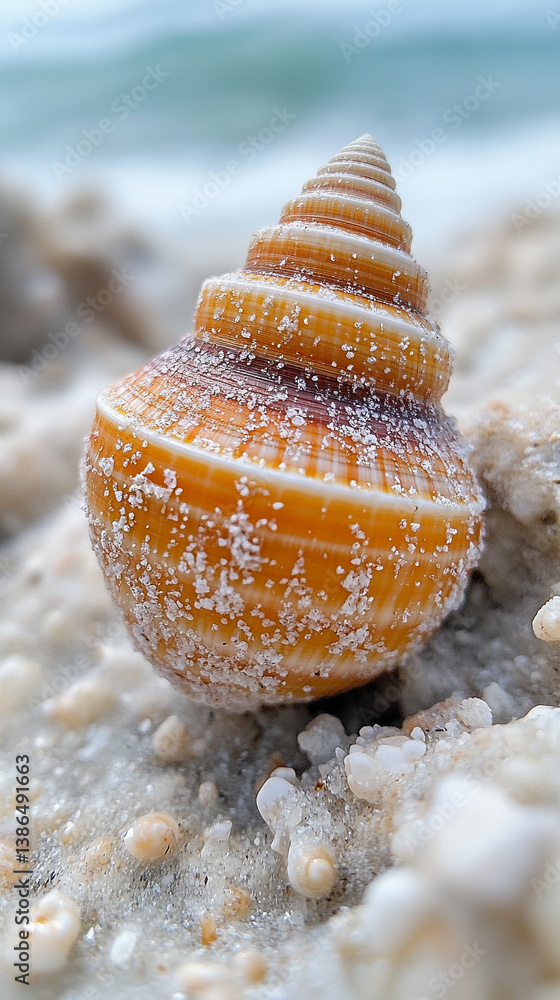 Poster cute sea shell clam isolated on a bright plain background with soft blur and empty space, symbolizin