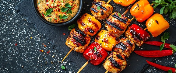 Grilled Chicken and Pepper Skewers with Spicy Dip.