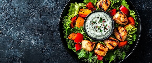 Grilled Chicken Salad with Yogurt Sauce.