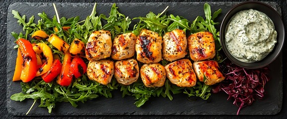 Grilled Chicken Skewers with Peppers  Herbs.