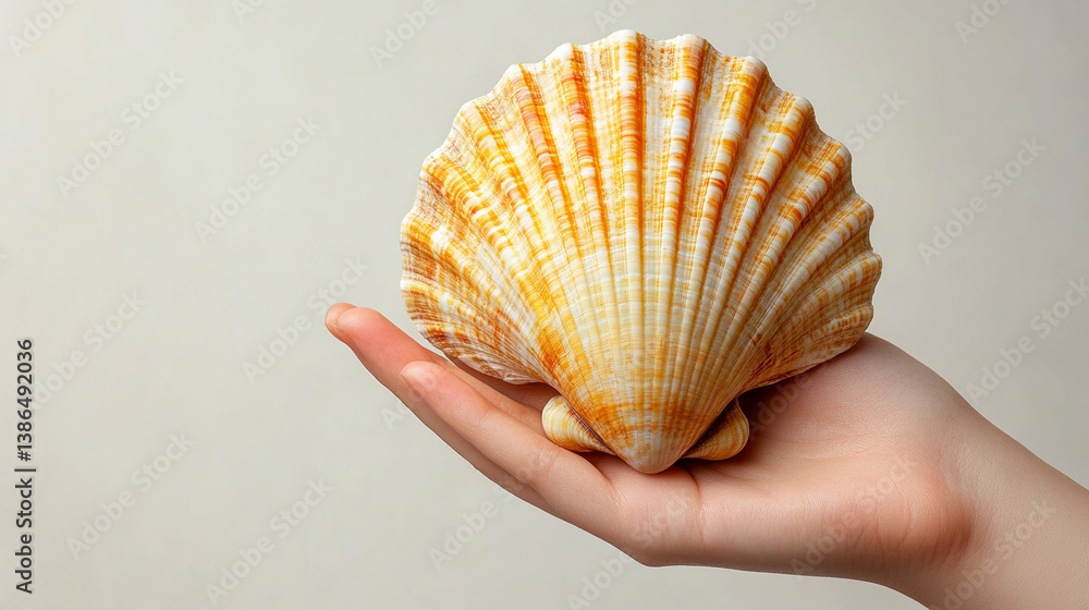 Poster cute sea shell clam isolated on a bright plain background with soft blur and empty space, symbolizin