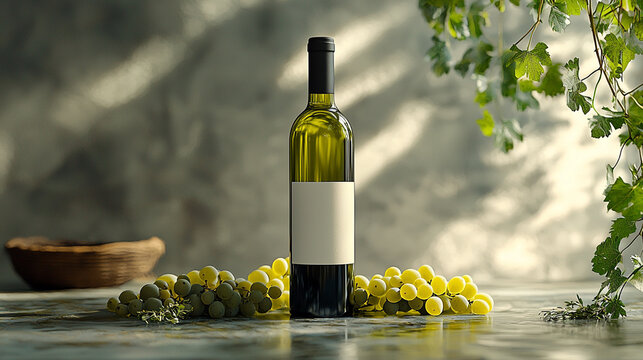 White wine bottle with grapes, rustic setting, sunlit background; ideal for wine lists