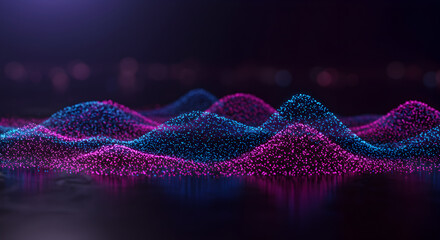 Obraz premium Abstract Wavy Particle Surface in Pink and Blue Lights with a Dark Background