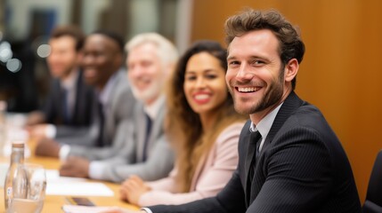 Fototapeta premium Group of smiling business coworkers wearing business suits sitting at a conference table listening to the project leader