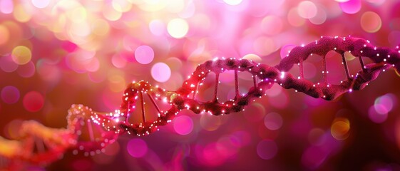 A vibrant, abstract representation of a DNA double helix illuminated with colorful lights, set against a dreamy pink bokeh background, symbolizing genetic research and innovation
