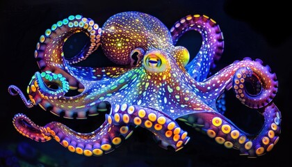 Obraz premium A vibrant, bioluminescent octopus gracefully swims through a dark underwater environment, showcasing its colorful patterns and tentacles, with coral reefs faintly visible in the background