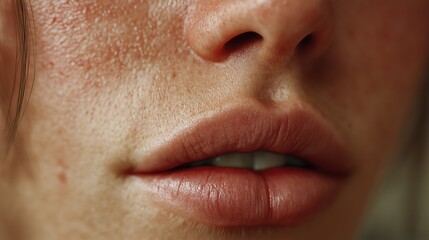 Fototapeta premium Hyperrealistic lips: extreme close-up of a woman's lips, showcasing every detail and texture, perfect shape, subtle color variations, soft, diffused lighting, pristine