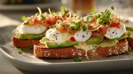 A fresh avocado toast with poached eggs and microgreens. Featuring simplicity and health