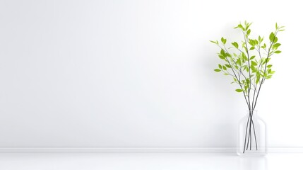 Obraz premium A clear glass vase with green branches on a white minimalist table against a plain wall, and modern interior design concept.