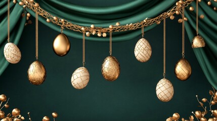 Exquisite Gold Decorated Eggs on a Luxurious Green Drapery Background