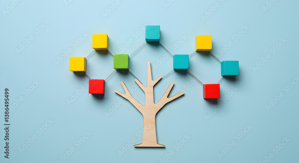 Poster vibrant wooden tree with colorful building blocks on light blue background representing network and 