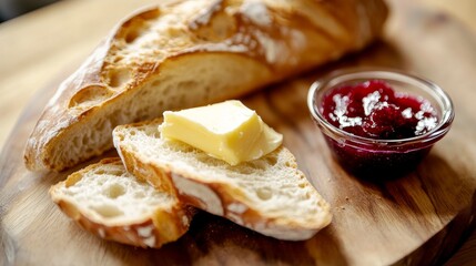 A fresh baguette with butter and jam. Featuring rustic, comforting meals