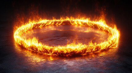 Modern fire ring glows at dusk, symbolizing unity, transformation, and primal connection. The circular flame evokes warmth, storytelling, and timeless gathering in a contemporary setting.

